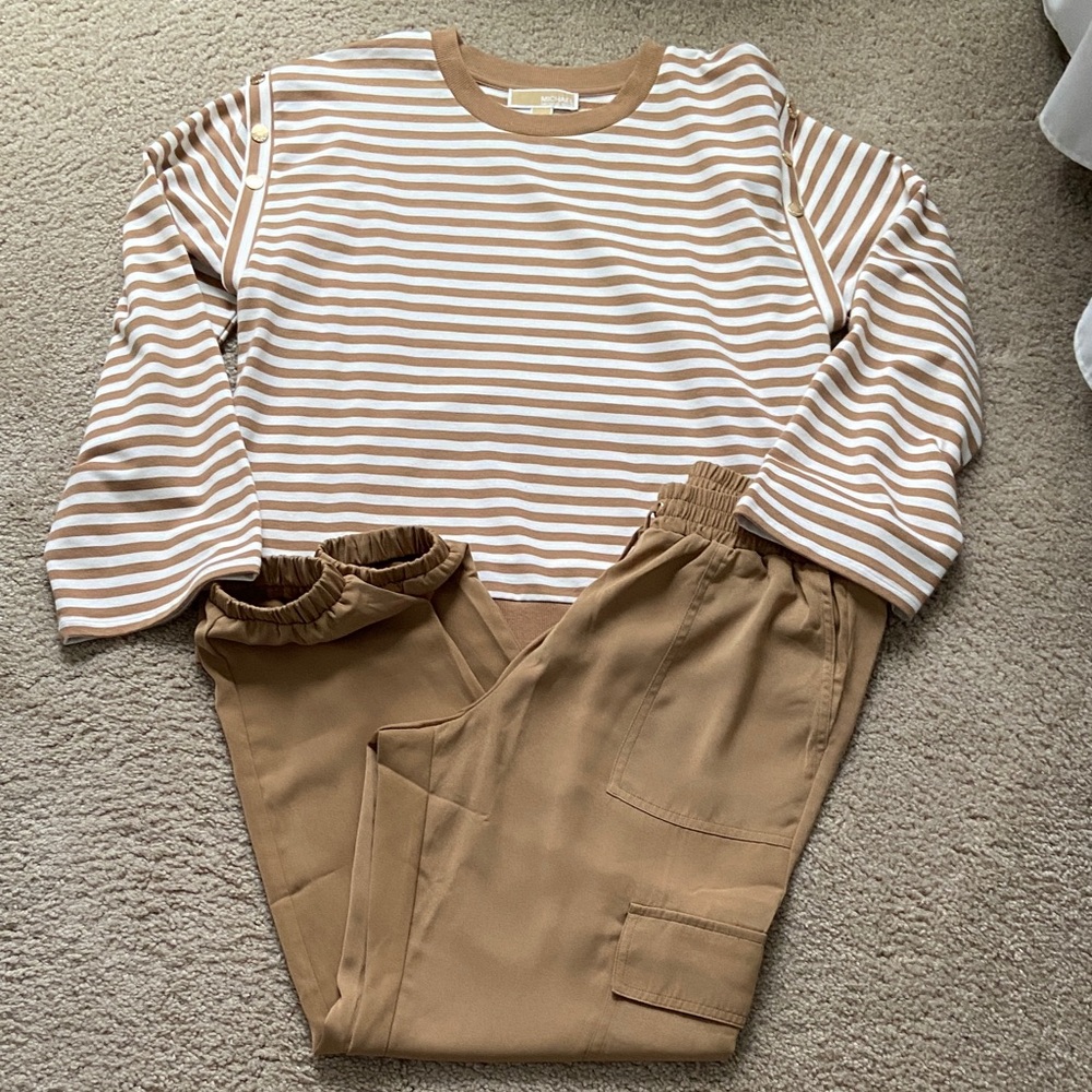 Michael Kors Beige and White Striped Top with Tan Pants